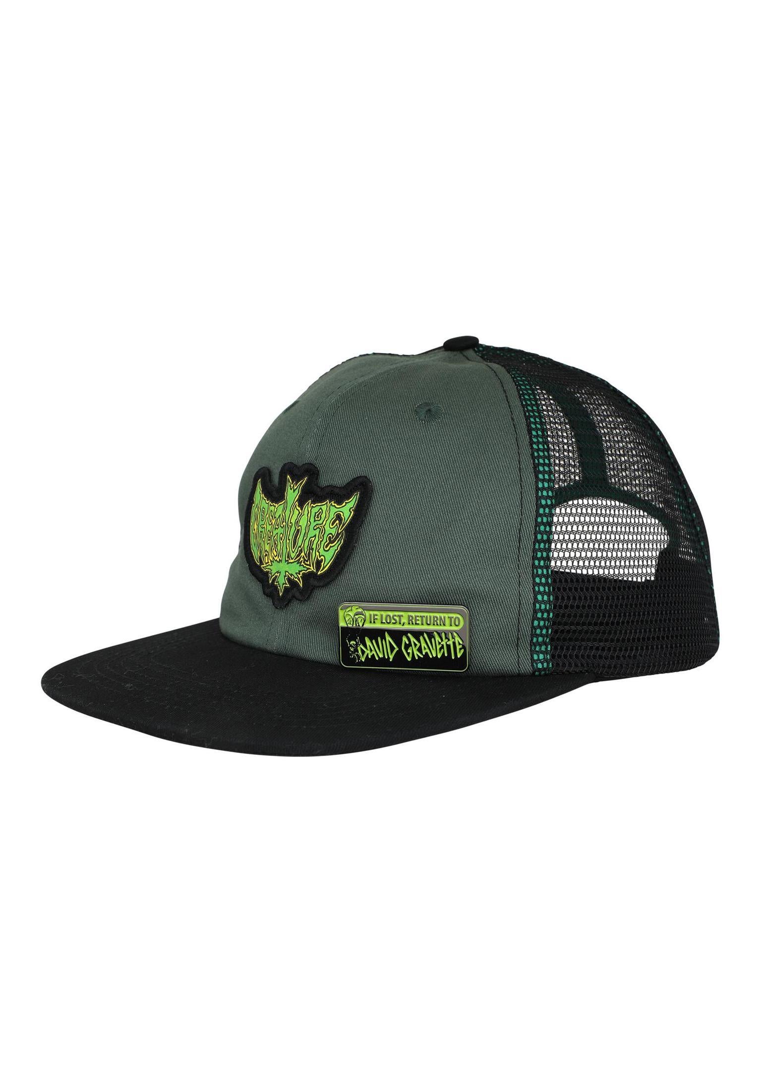 Gravette Hippie Skull 20th Low Trucker Snapback green-black Vorderansicht
